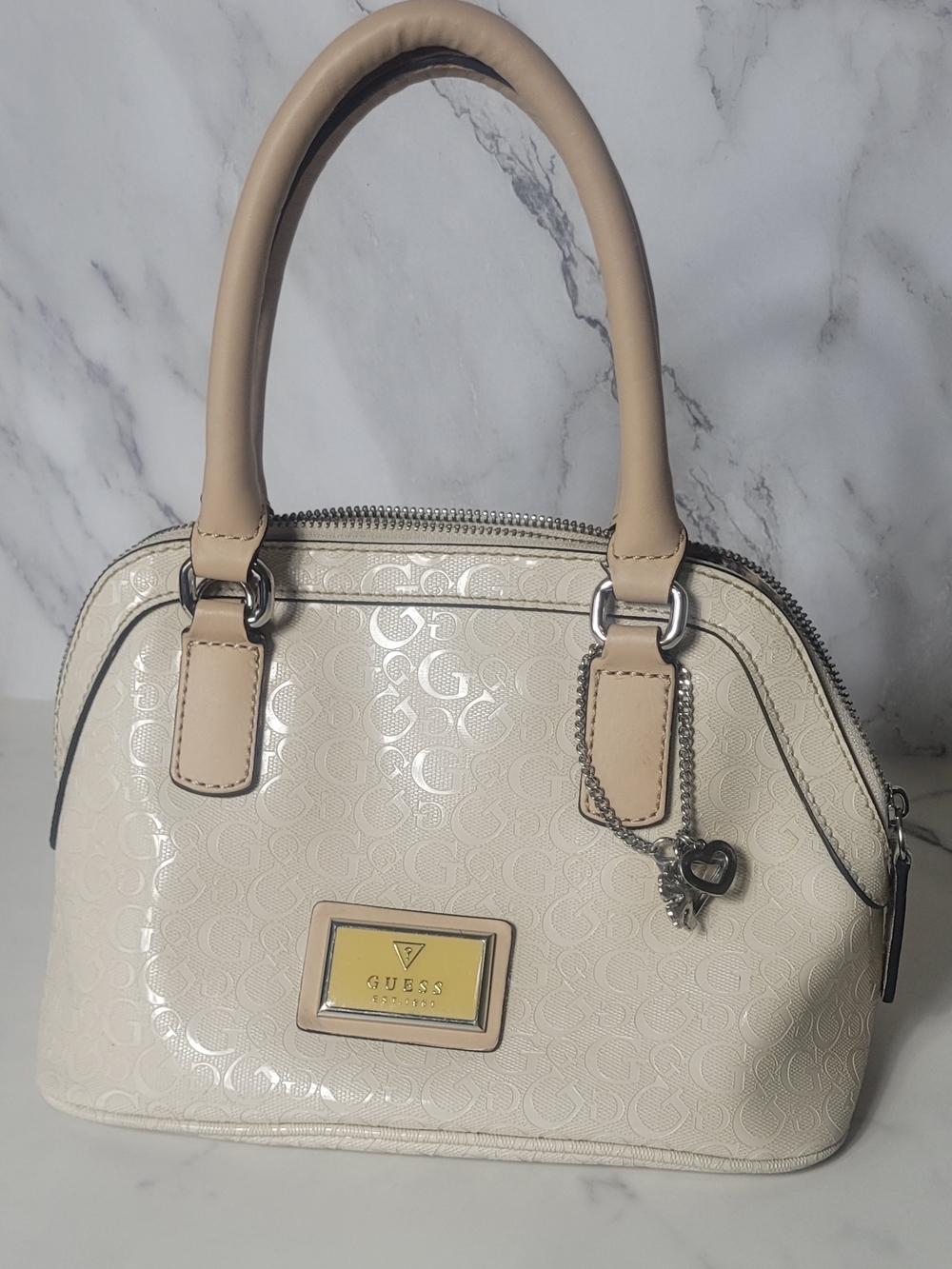 GUESS Cream Patent Dome Satchel Handbag